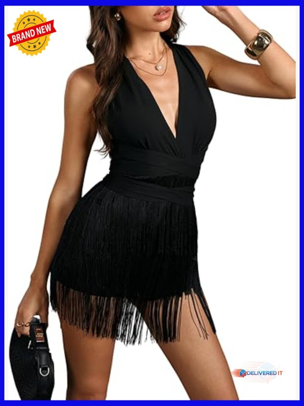 Backless Deep V Neck Fringe Halter Jumpsuit Bodycon Romper
